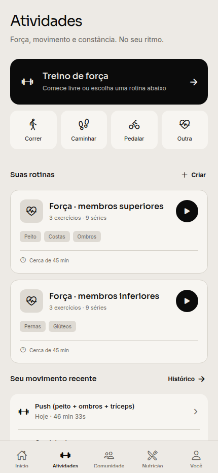 Lista de rotinas de treino da Cadenze